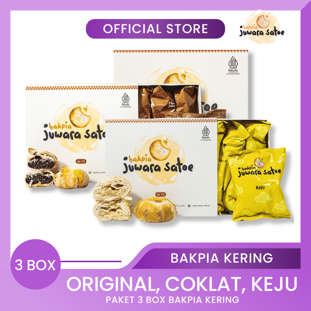 

BAKPIA JUWARA SATOE [ 3 Box ] Paket Bakpia Crispy (Original, Coklat, Keju) - Oleh Oleh Khas Jogja