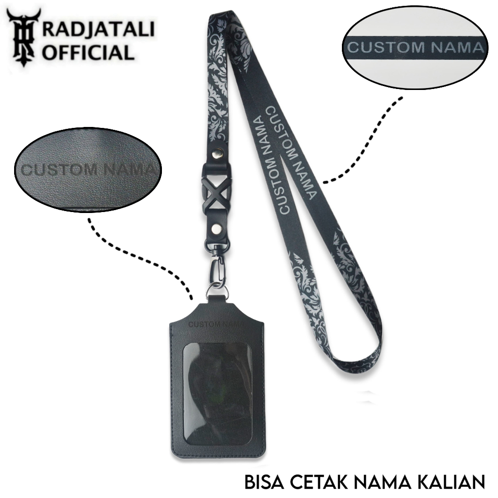 

[K5] Lanyard Kulit Holder ID Card Custom Nama Grafir Leather - BLACK