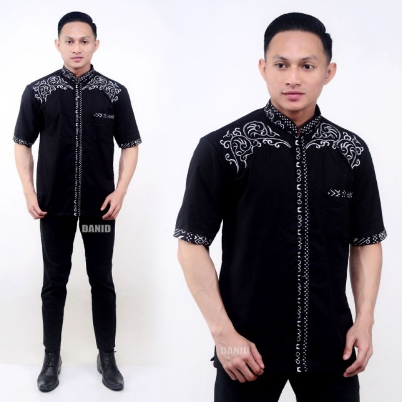 Baju Koko Pria Lengan Pendek Kombinasi Motif Batik Keren - Muslim Dewasa Nyaman