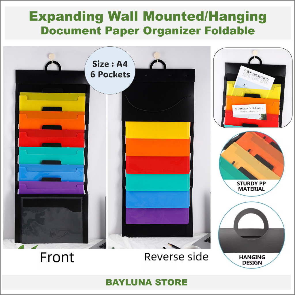 

BYL A4 Expanding Wall Mounted/Hanging Folder Bag With 6pockets Colorful, File Folder Handheld File Organizer File Container Colorful