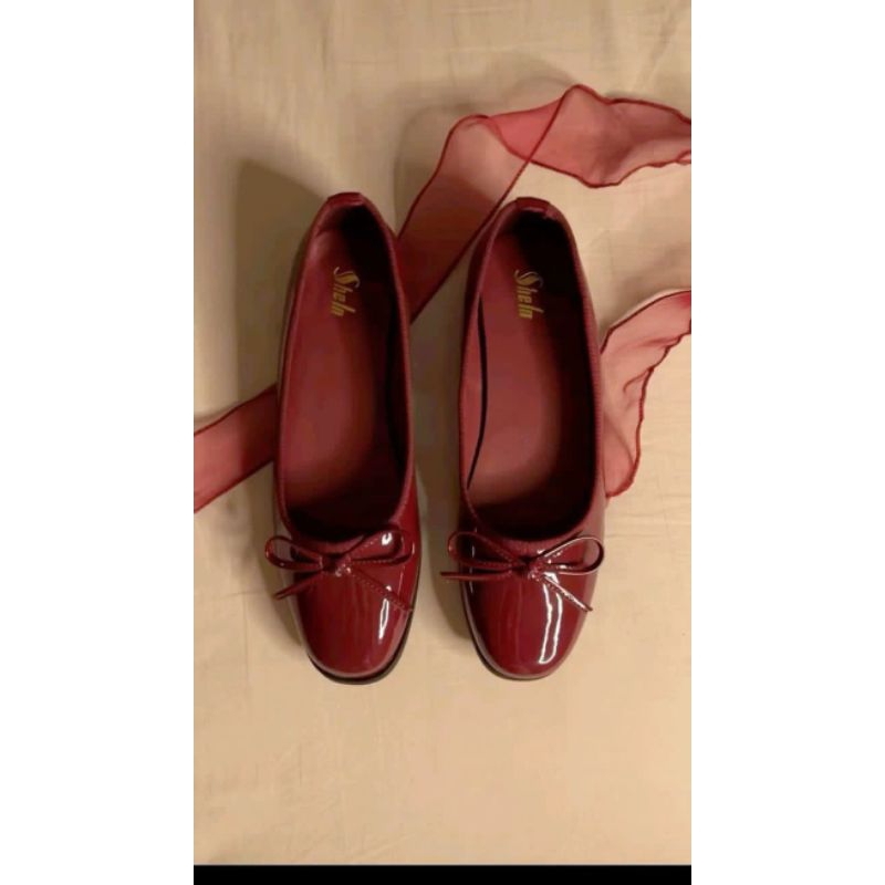 flatshoes teplek wanita Tali pita Silang glossy maroon sandal simple elegan casual