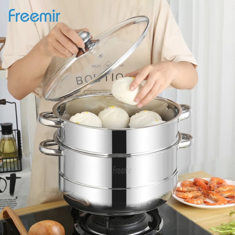Freemir Panci Steamer Alat Kukus Rebus Dandang 3 Susun Layer Kukusan Stainless Steel Tutup Kaca FR02