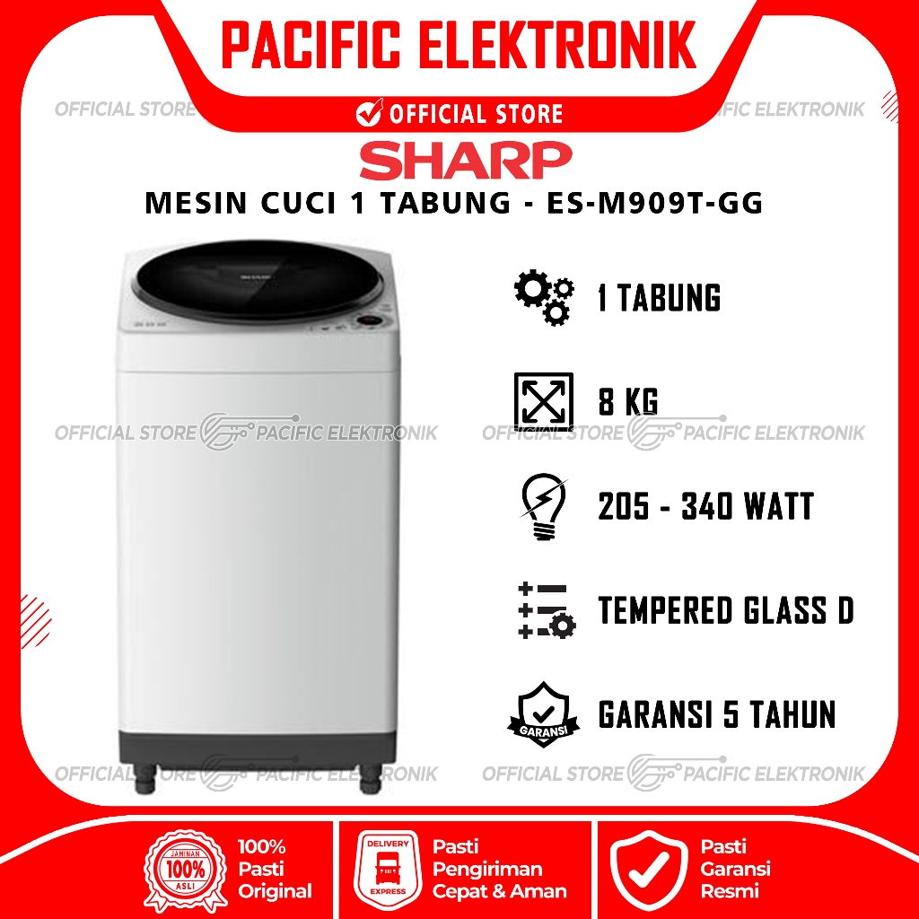 Mesin Cuci Sharp 1 Tabung Top Loading 9kg ES-M909T-GG / 909TGG / 909T