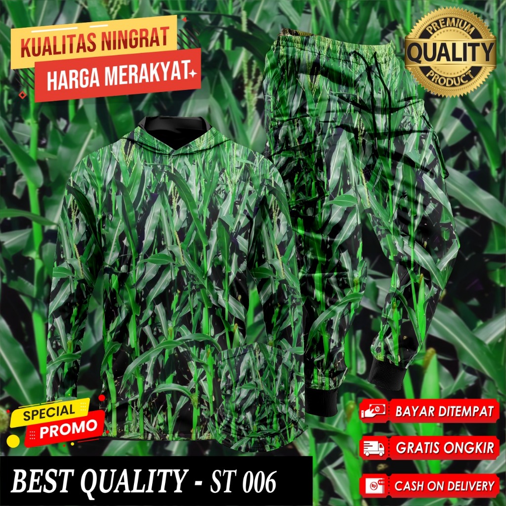 Setelan Baju Camo Hoodie Berburu Hunting Baju Berburu Hutan Kamuflase 1 Set Buff Celana Camo