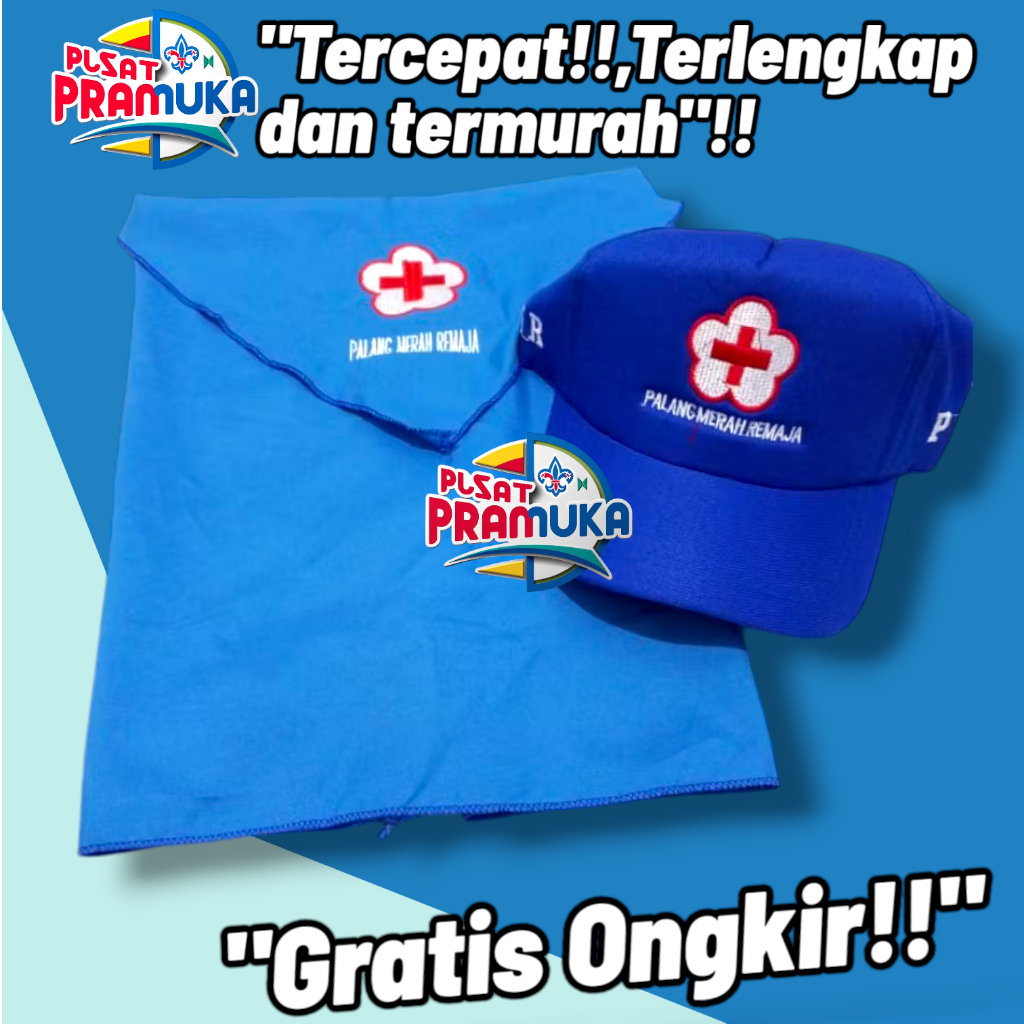 atribut perlengkapan syal+topi pmr biru bordir
