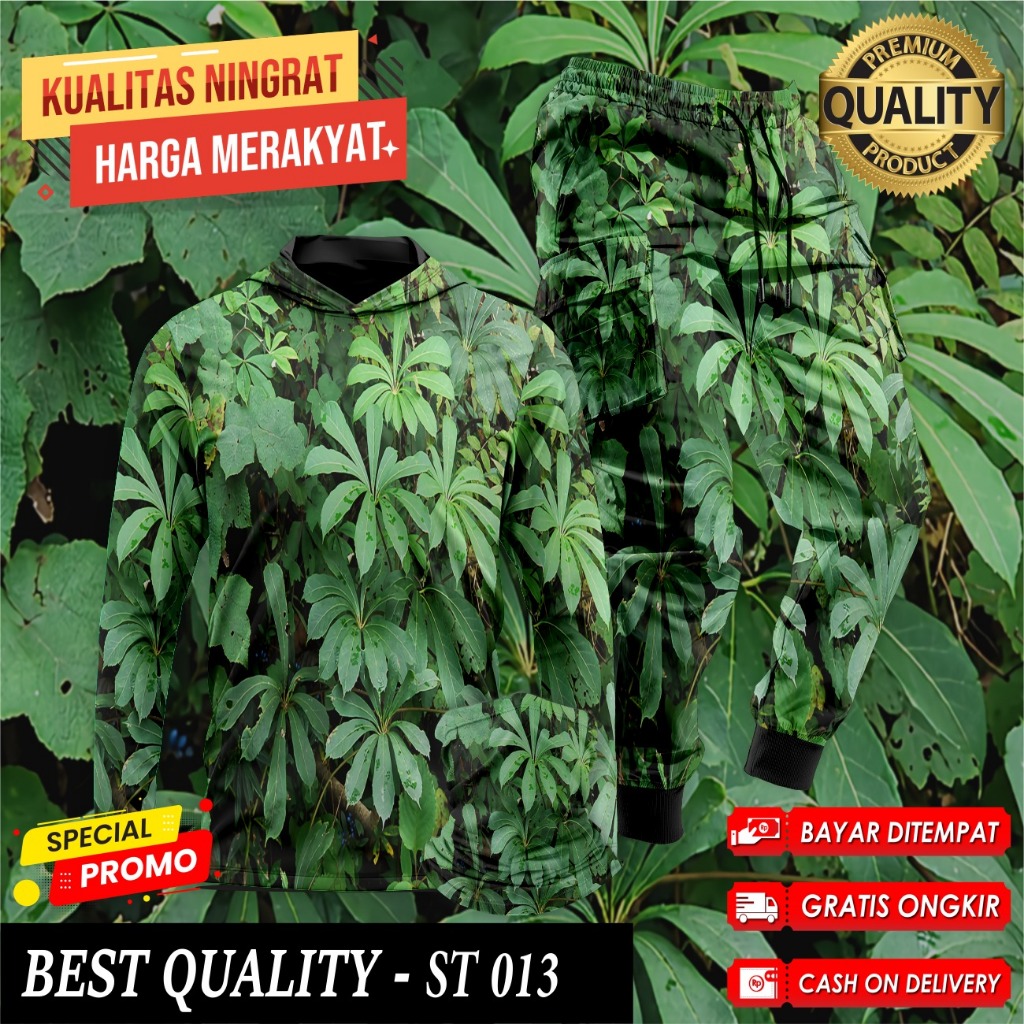 Setelan Baju Camo Hoodie Berburu Hunting Baju Berburu Hutan Kamuflase 1 Set Buff Celana Camo