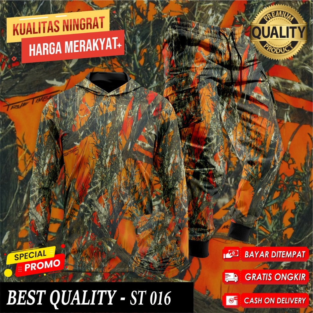 Setelan Baju Camo Hoodie Berburu Hunting Baju Berburu Hutan Kamuflase 1 Set Buff Celana Camo