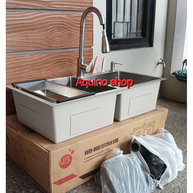 Pake komplit wastafel bak cuci piring kitchen sink 2 lubang stainless ukuran 82cm×45cm×22cm.paket kr