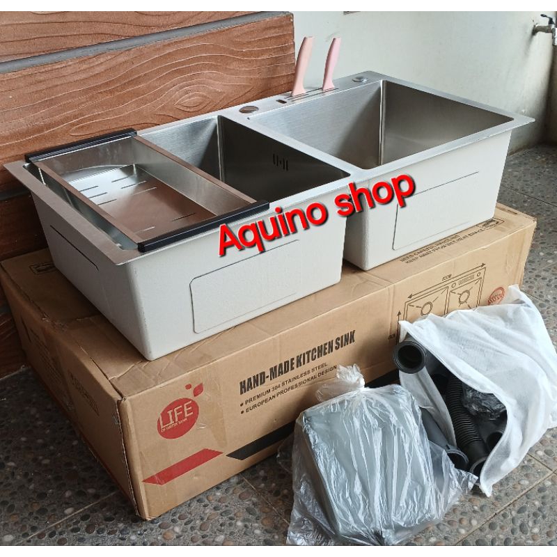 Wastafel Bak cuci piring Hand made kitchen sink 2 lubang stainless ukuran 82cm×45cm×22cm.(sink only)