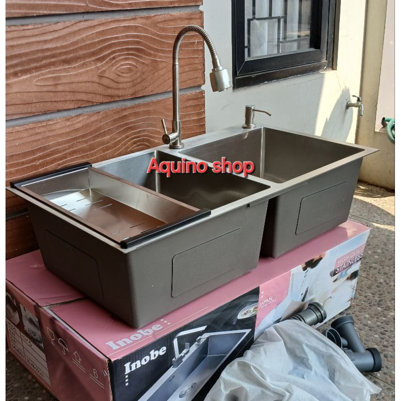Paket komplit wastafel bak cuci piring INOBE kitchen sink 2 lubang stainless ukuran 82cm×46cm×22cm.p