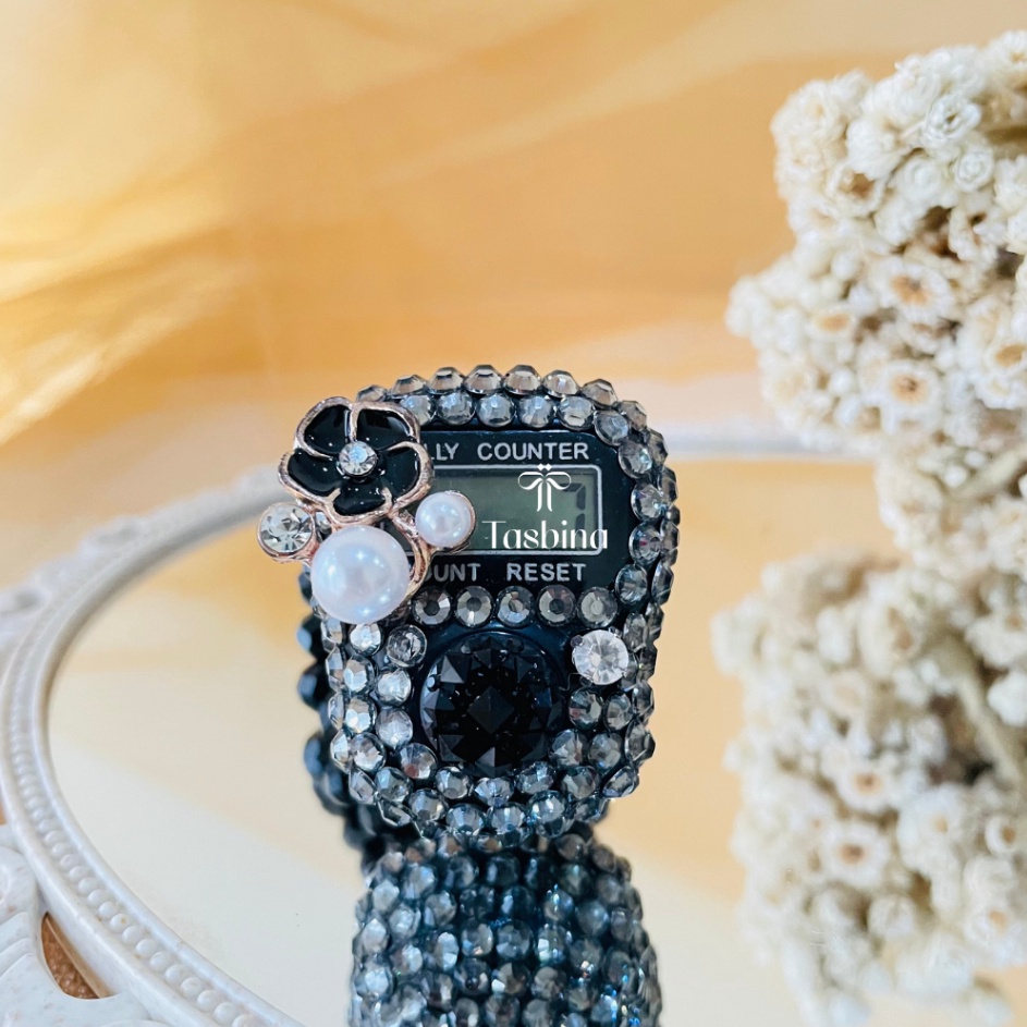 CUCIGUDANG Tasbih Digital Cantik Manik Bunga Hitam Mutiara Non LED Tali Kristal