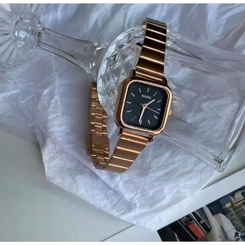 Jam Tangan Wanita Rantai Stainless Ulzzang Warna Silver Gold Kotak Kecil Jam Mini Cewek Naidu