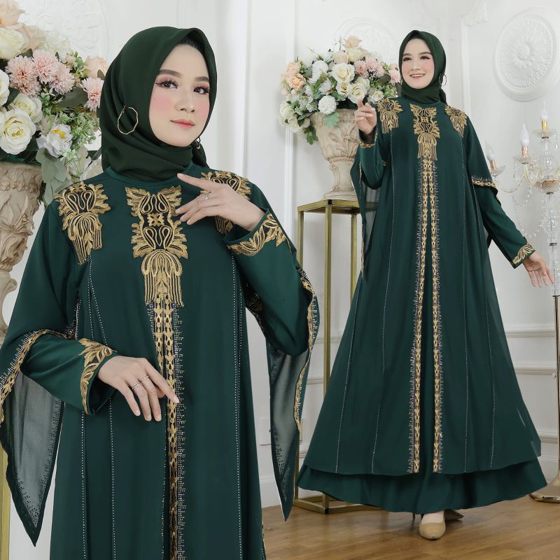Gamis Abaya Turkey Jersey Mix Ceruty Terbaru - Rosegold Hijau Botol