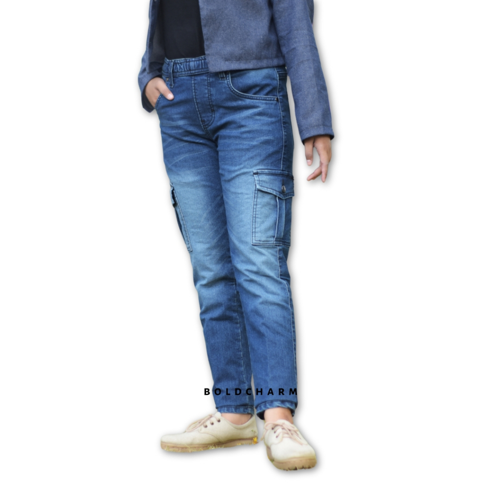 Celana Jeans Wanita Jogger Cargo Slim Denim Stone Wash