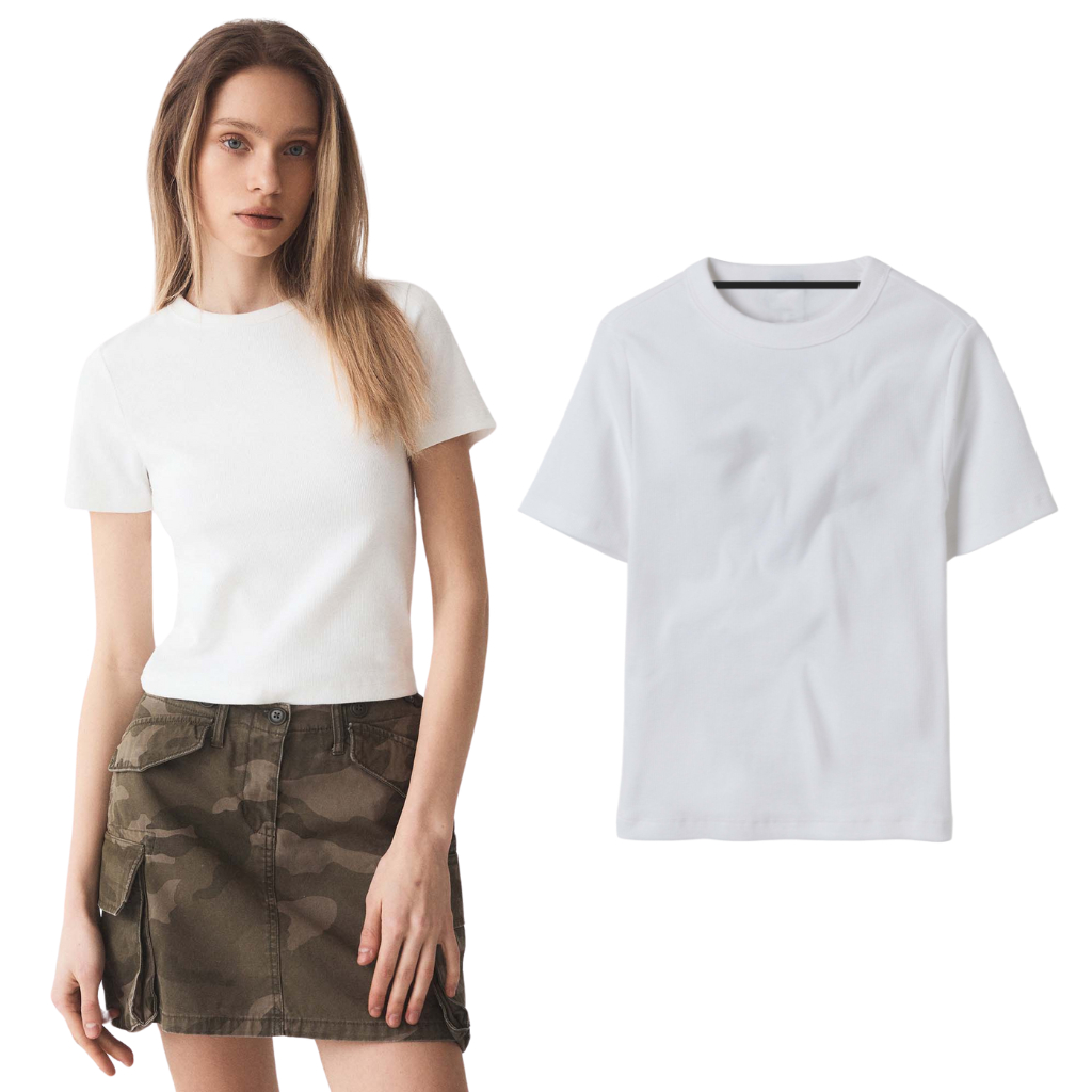 WHO A U Knit Ribbed Shirt - Kaos Lengan Pendek Ribbed Wanita