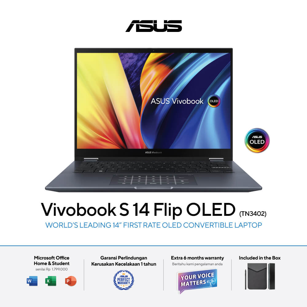 ASUS VIVOBOOK S 14 FLIP TN3402QA AMD RYZEN 5 5600H MEMORI 8 GB SSD 512 GB WIN 11 + OHS