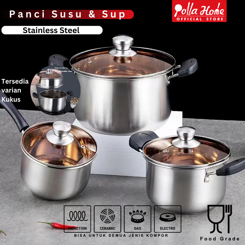Pollahom Panci Sup Dan Panci Susu Stainless Steel Panci Steam Kukus Tutupan Kaca