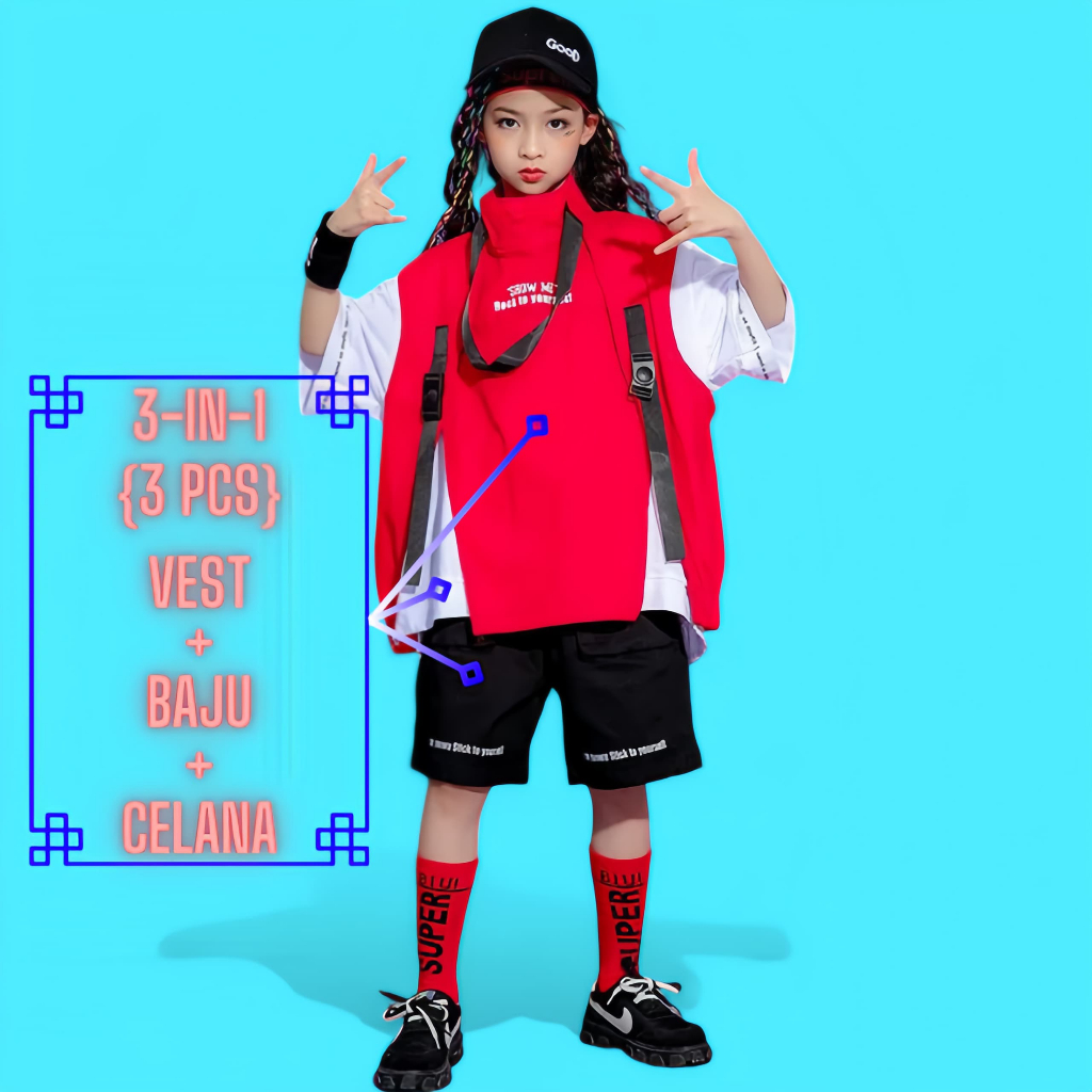 GLADE Setelan baju dance Anak Laki Laki Dan Perempuan Hip Hop Korea Style 3in1 Usia 4-14 Tahun