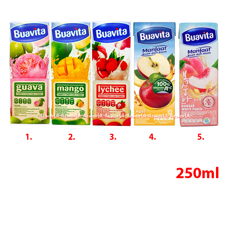 

Buavita 250ml Guava Mango Lychee Apple White Peach Vitamin A C Juice Siap Minum Uht Jus Jambu Biji Manga Apel Buafita UHT