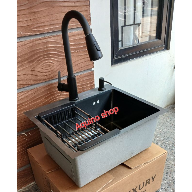 Paket komplit wastafel bak cuci piring 1 lubang kitchen sink stainless hitam ukuran 52cm×43cm×22cm.k