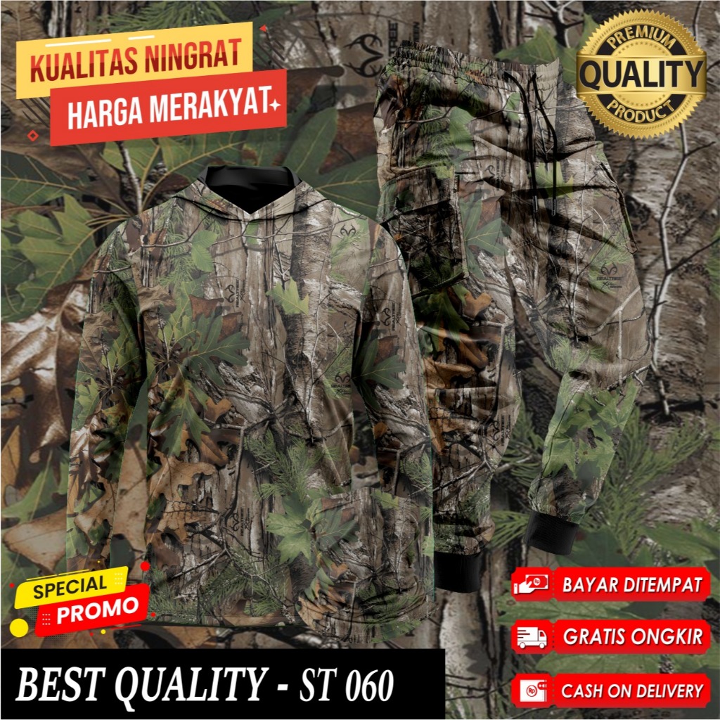 Setelan Baju Camo Hoodie Berburu Hunting Baju Berburu Hutan Kamuflase 1 Set Buff Celana Camo ST
