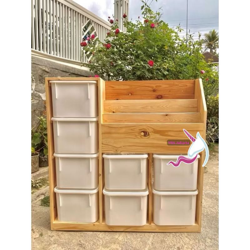 JUMBO RAK KAYU STORAGE MAINAN 2in1 RAK BUKU WOODEN JATI BELANDA BOOKSHELF TINGKAT 6 BOX TEMPAT PENYI