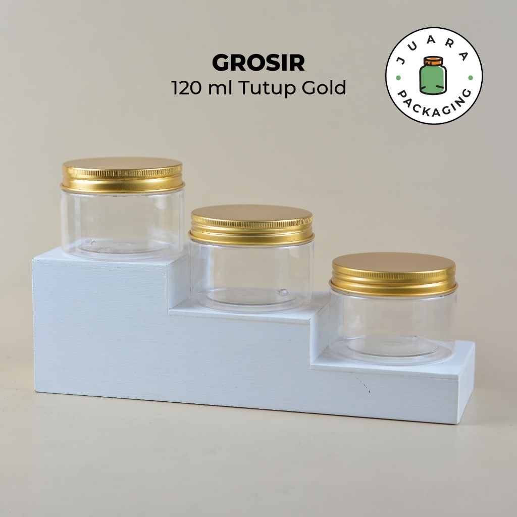[GROSIR] Toples Plastik 120ml Jar PET Tebal dengan Tutup Aluminium Warna Gold – Wadah Kosmetik Serba
