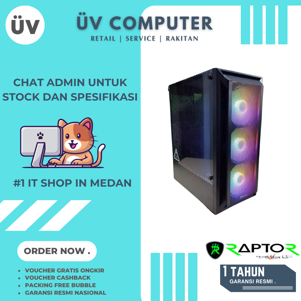 Casing PC Komputer 3PowerUP PowerUP Raptor 1633 | Mid Tower | ATX Case | 3 Fan Black Hitam