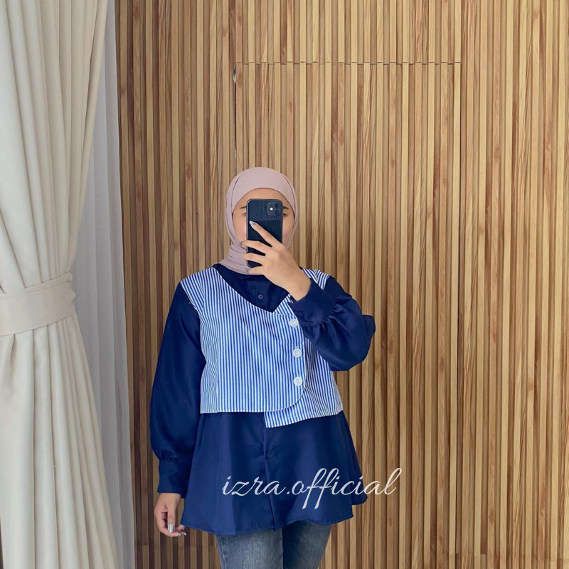 kemeja Rompi Zurra atasan wanita korea style jumbo bigsize kemeja salur wanita