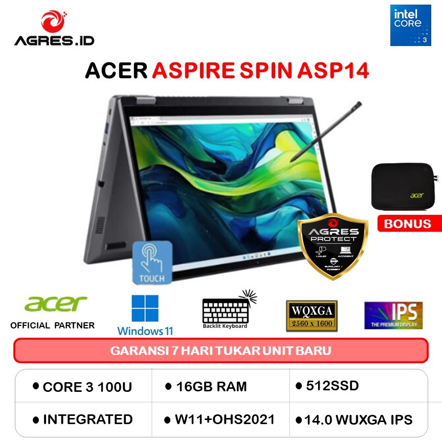 ACER ASPIRE SPIN ASP14 TOUCH CORE 3 100U 16GB 512GB W11PRO+OHS 14.0WUXGA PEN 2IN1 GRY -51MTN.351C
