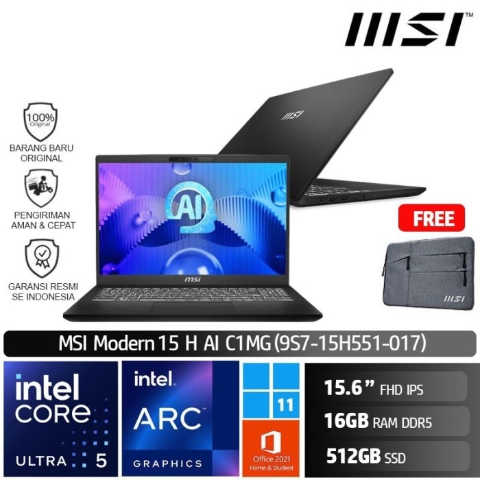 MSI Modern 15 H AI C1MG 017 Core Ultra 5 125H 16GB 512GB Win11 OHS FHD IPS 15.6"