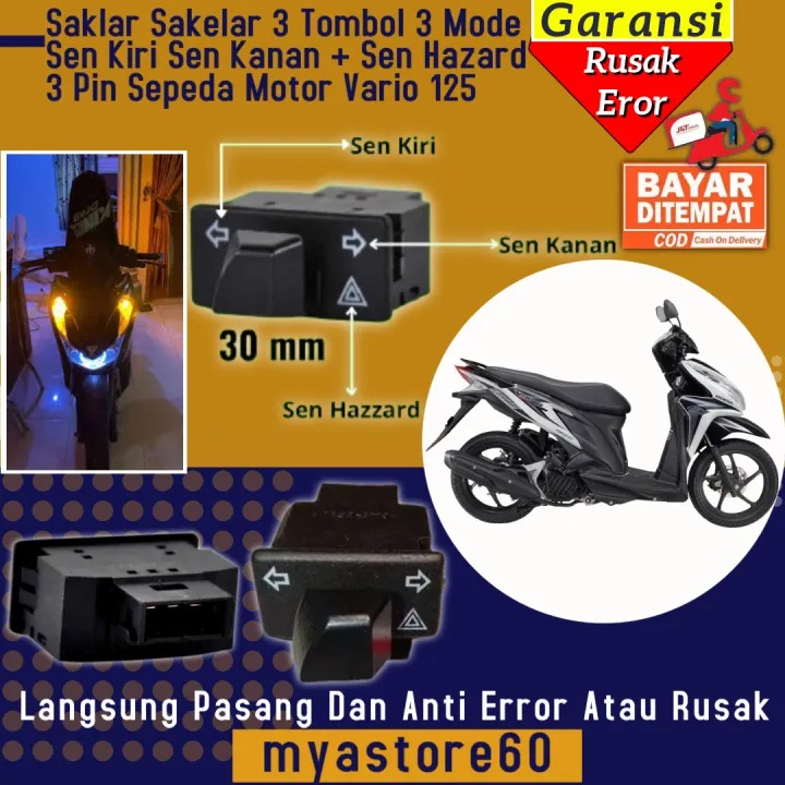 (BISA COD) Sakelar Saklar 3 Tombol 3 Mode Sen Kiri Sen Kanan + Tombol Sen Hazard 30 MM Sepeda Motor 