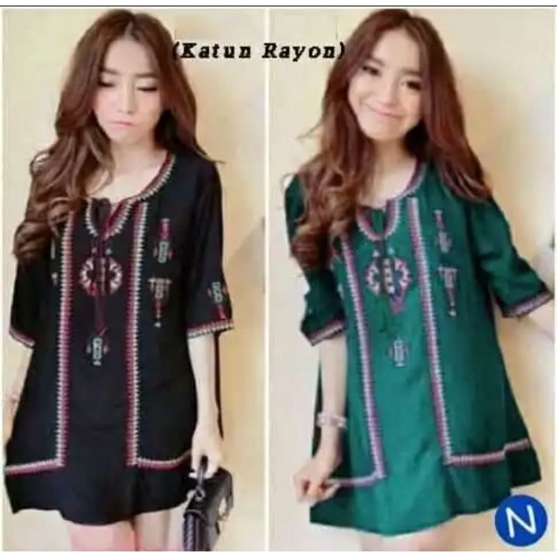 long Blus tunik dress motif bordir etnik tribby tribal