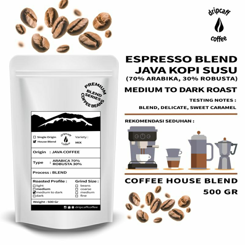 

DRIPCAFF Coffee Espresso Blend 500 Gr Kopi Blend Medium To Dark Beans Asli Arabika Robusta 70 : 30