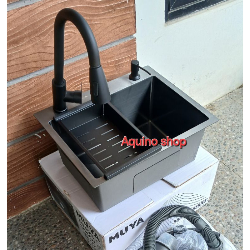Paket komplit wastafel bak cuci piring 1 lubang MUYA kitchen sink stainless hitam ukuran 50cm×40cm×2