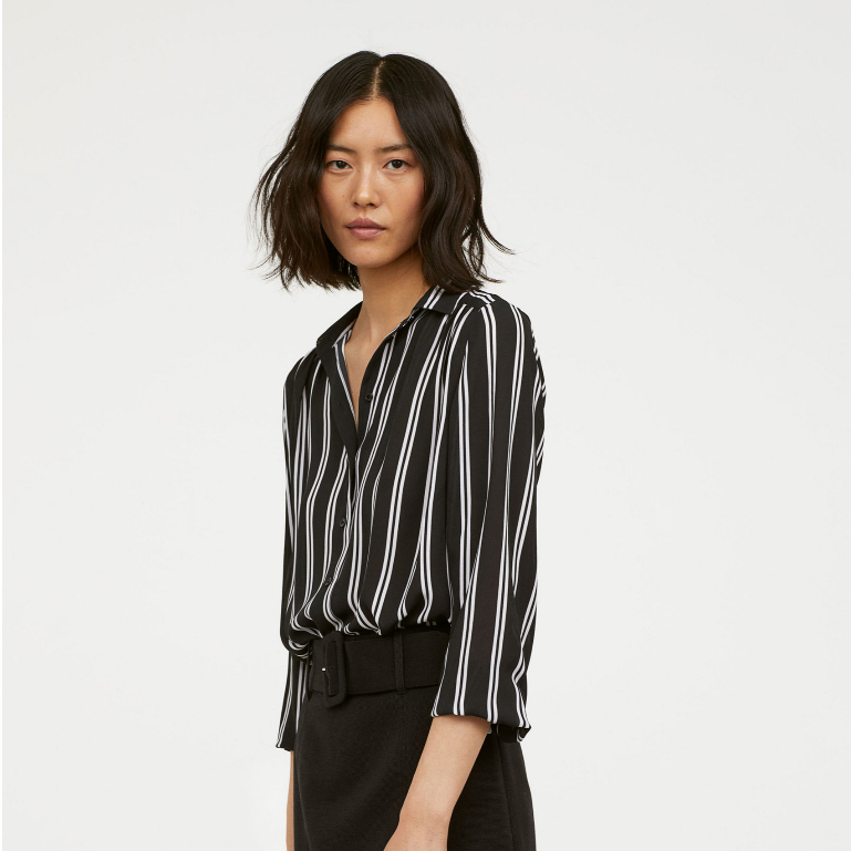 H&M Long-Sleeved Striped Shirt - Baju Atasan Kemeja Lengan Panjang Garis Garis Wanita Branded Origin