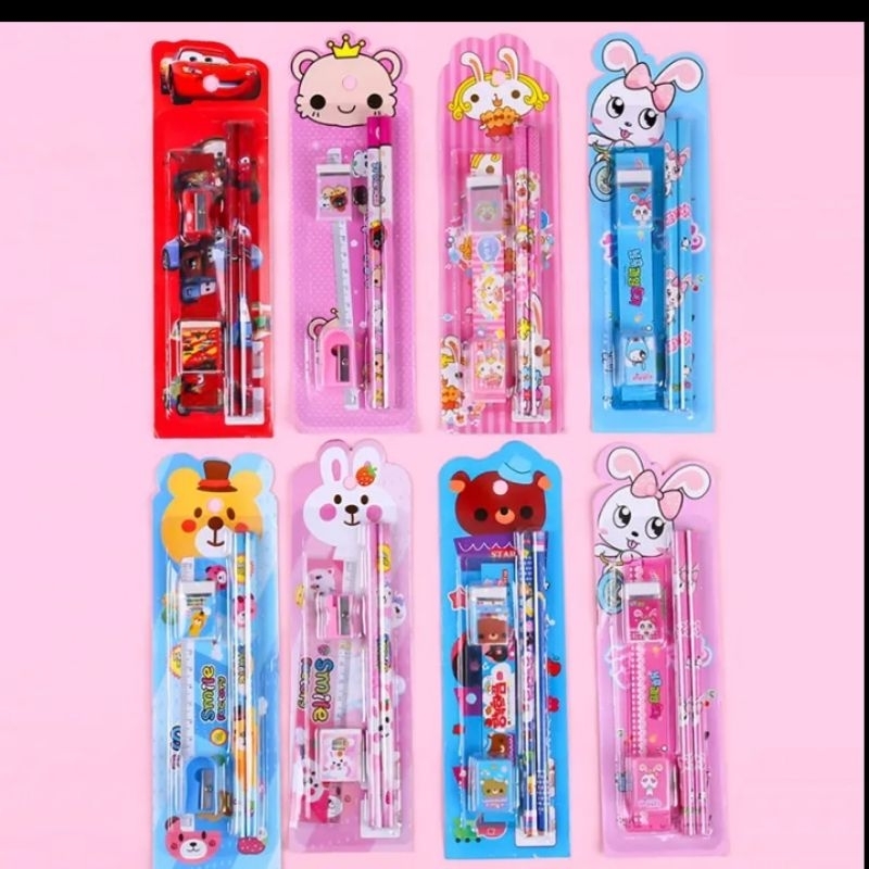 

Set Alat Tulis 5 in 1, 6 in 1, 8 in 1, isi pensil, peraut, penghapus, penggaris.