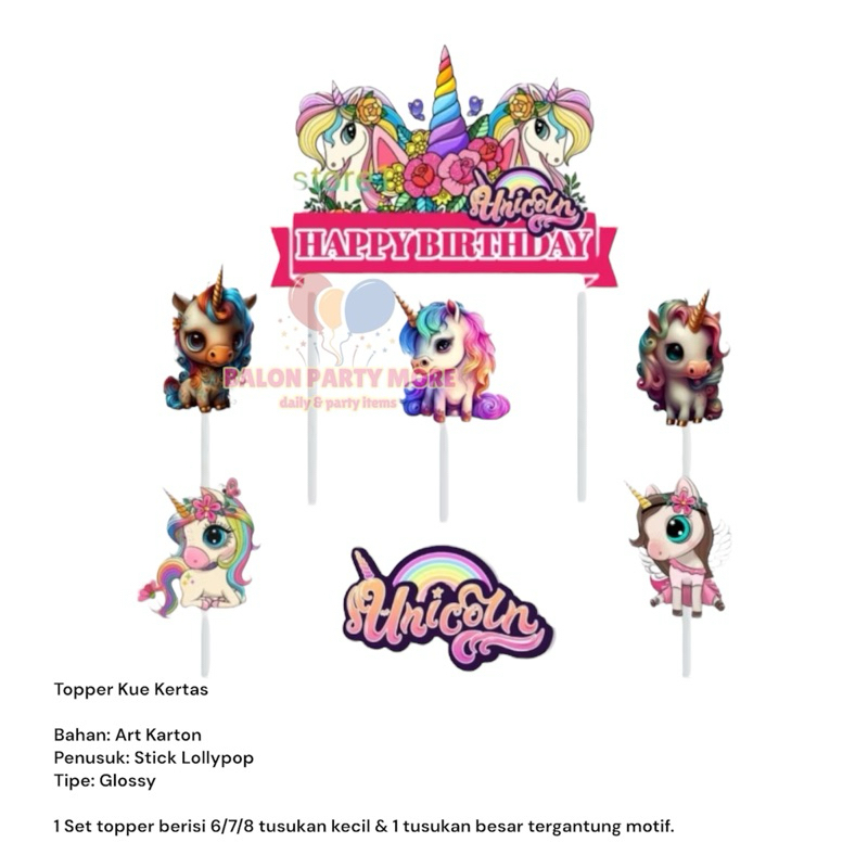 (SET UNICORN) TOPPER BAHAN ART PAPER KERTAS HIASAN BUKET/ CAKE TOPPER KUE ULANG TAHUN / TUSUKAN KUE 