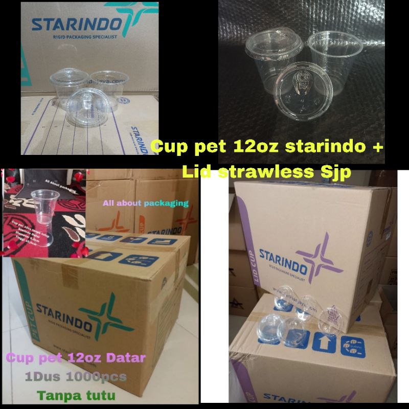 Cup pet 12oz datar starindo + Lid strawless sjp