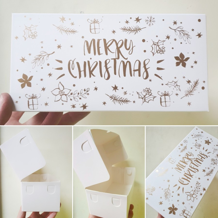 

( 5 pcs ) dus kotak packaging kemasan hampers kue natal motif tutup merry christmas dus isi 2 pcs minichiffon, fruit pie, brownis mini ukuran 20x10x8 cm