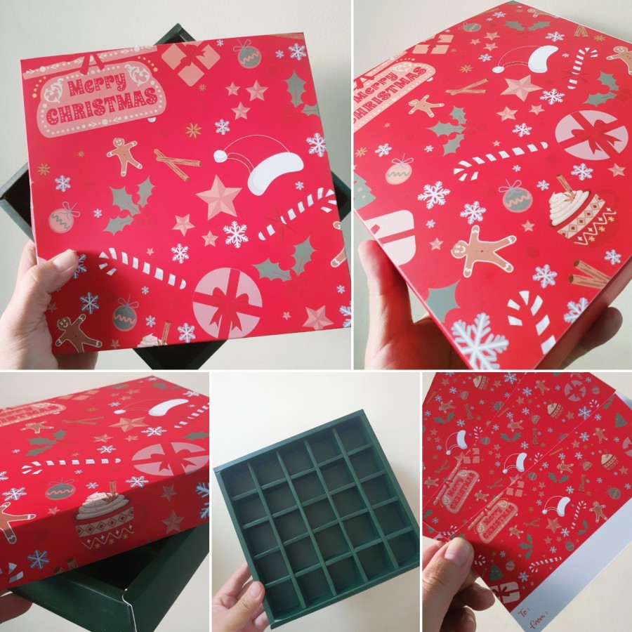 

( 5 pcs ) kotak packaging kue nastar sekat 25 motif merry christmas classic kotak dus warna merah hijau kemasan kue tradisional ukuran 21.5 x 21.5 cm x 3.5 cm