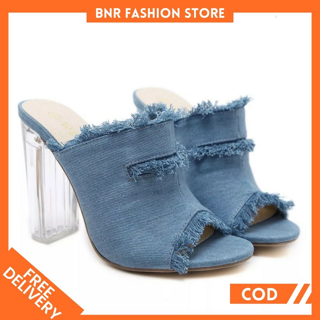 Sepatu Heels Wanita Hak Kaca Model Selop Bahan Denim Kekinian Antislip DM 019