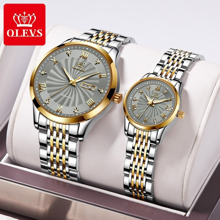 Olevs Jam Tangan Pasangan Automatic Original Terbaru Kalender Ganda Mewah Elegan Mechanical Watch