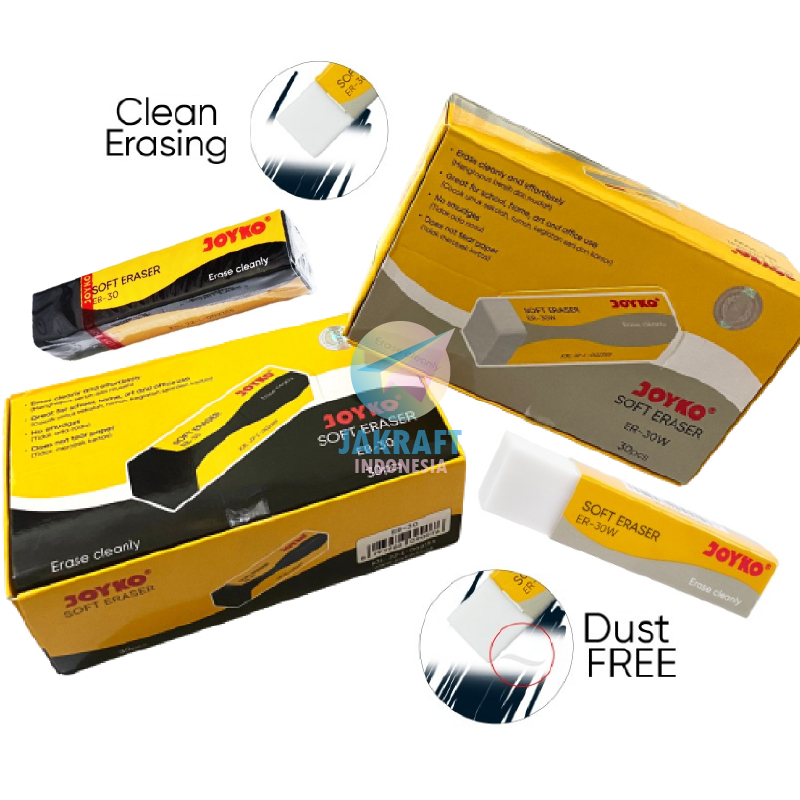 

(30 Pcs) GROSIR Penghapus Pensil Panjang JOYKO EB-30 Hitam Black / ER-30W Putih White Dust Free Eraser Super Bersih Seperti Boxy | PACK