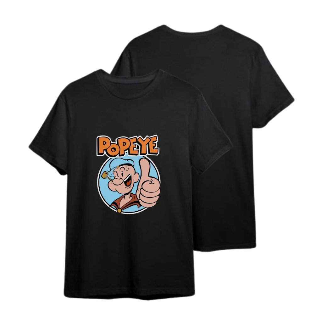 Baju Kaos popeye  putih| hitam Korea Motif Print Wanita/Cewek | pria/cowok  Remaja Dewasa Leher Bula