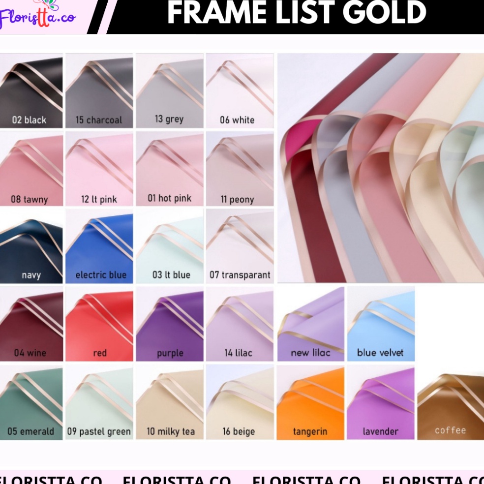 

New Stock pack Cellophane Frame Gold List Gold Flower Wrappingkertas buket isi 2 lembar