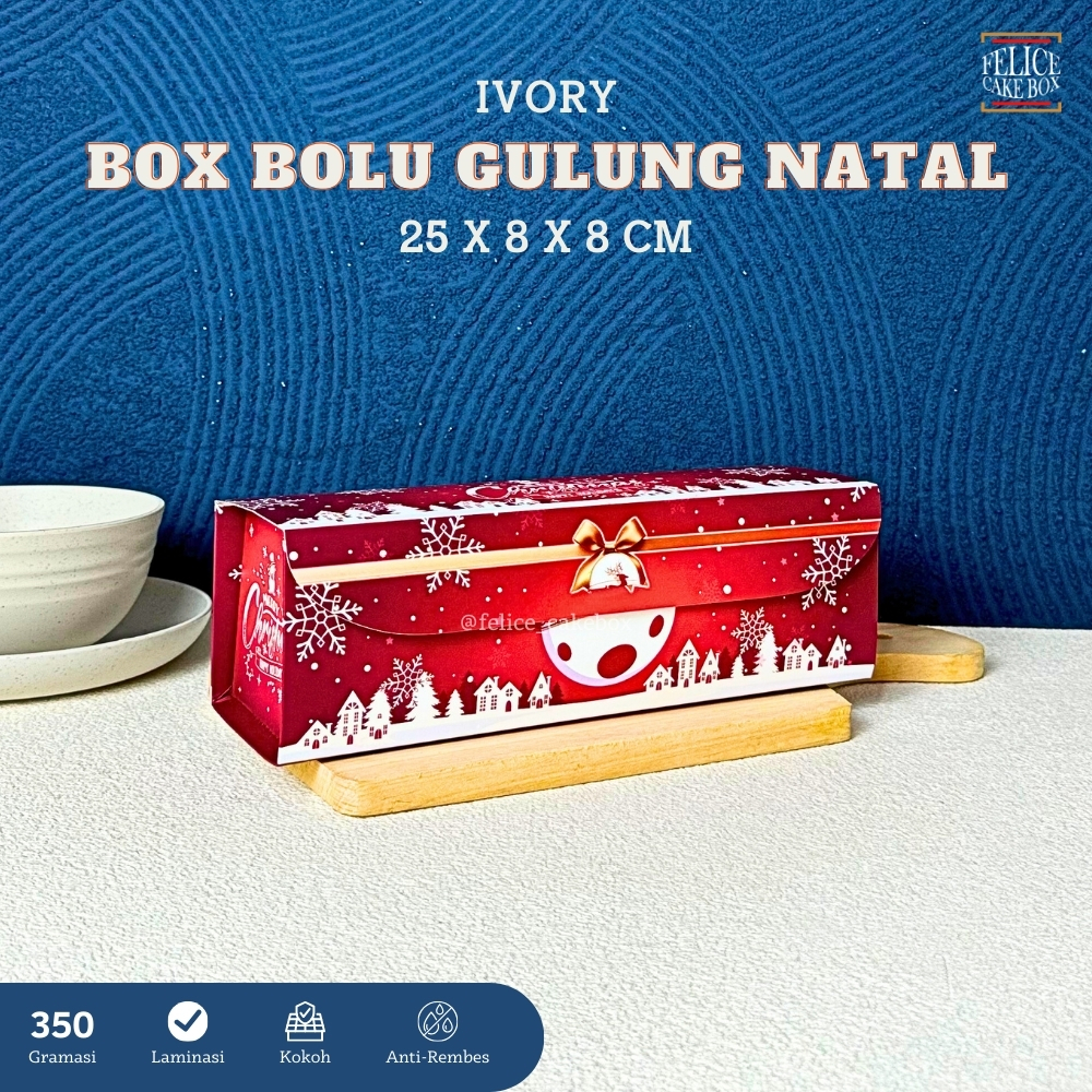 

BOX BOLU GULUNG NATAL IVORY 25X8X8 CM / DUS BOLU GULUNG MOTIF NATAL MERAH / PACKAGING KUKIS NATAL