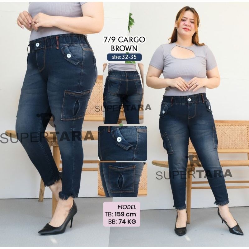 JEANS CARGO 7/9 PINGGANG KARET VARIASI KANCING BAWAH RAWIS JEANS CARGO CEWEK JUMBO-SUPER JUMBO CELAN