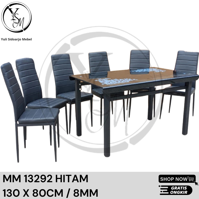 MM 13292 Hitam - Meja Makan Besi Set Kaca 6 Kursi - Meja Makan 6 Kursi - Meja Makan