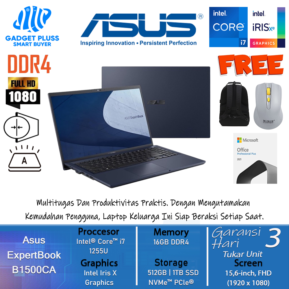 Laptop Asus ExpertBook B1500CA Intel Core i7 1255U Ram 16GB 512GB SSD 15.6 FHD Windows11Pro Star Bla